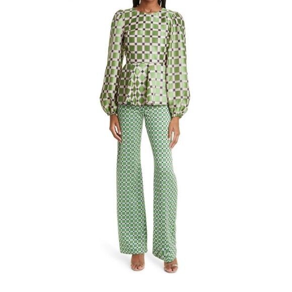 Stine Goya Gara Metallic Check Balloon Sleeve Peplum Top Green Women's Small - Picture 1 of 10